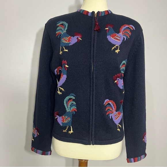 Vintage cotton knit cardigan sweater chickens roosters embroidered country chic - Picture 3 of 11